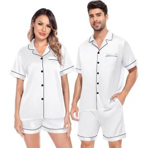 SWOMOG Satin Matching Pajamas Sets Couple Silk Button Down Nightwear Women & Men Short Sleeve Sleepwear 2 Pieces Loungewear(White)