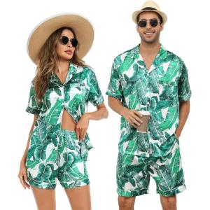 SWOMOG Satin Matching Pajamas Sets Couple Silk Button Down Nightwear Women & Men Short Sleeve Sleepwear 2 Pieces Loungewear(White Leaves)