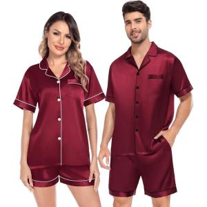 SWOMOG Satin Matching Pajamas Sets Couple Silk Button Down Nightwear Women & Men Short Sleeve Sleepwear 2 Pieces Loungewear(Wine Red)