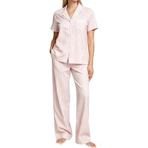 SWOMOG Women Pajama Sets Two-Piece Nightwear Short Sleeve Sleepwear Button Down Pj Lounge Sets with Long Pants(Pink Striped)