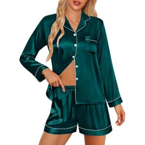 SWOMOG Womens 2 PCS / 3 PCS Pajamas Set Silk Satin Long Sleeve Sleepwear Button Down Loungewear Pjs Nightwear(Z – Deep Green – 2 Pcs)