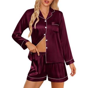 SWOMOG Womens 2 PCS / 3 PCS Pajamas Set Silk Satin Long Sleeve Sleepwear Button Down Loungewear Pjs Nightwear(Z – Deep Wine Red – 2 Pcs)