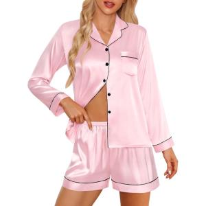 SWOMOG Womens 2 PCS / 3 PCS Pajamas Set Silk Satin Long Sleeve Sleepwear Button Down Loungewear Pjs Nightwear(Z – Pink – 2 Pcs)