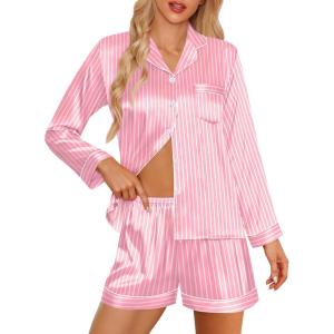 SWOMOG Womens 2 PCS / 3 PCS Pajamas Set Silk Satin Long Sleeve Sleepwear Button Down Loungewear Pjs Nightwear(Z – Pink Striped – 2 Pcs)