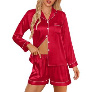 SWOMOG Womens 2 PCS / 3 PCS Pajamas Set Silk Satin Long Sleeve Sleepwear Button Down Loungewear Pjs Nightwear(Z – Red – 2 Pcs)