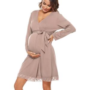 SWOMOG Women’s Maternity Nursing Robe Pregnancy Breastfeeding Bathrobes 3 in 1 Labor Delivery Nightgowns(Long Sleeve-light Brown)