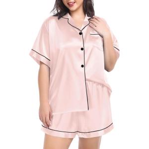 SWOMOG Women’s Plus Size Pajama Set Silk Satin Pajamas Button Down Loungewear Short Sleeve Pjs 2 piece Sleepwear 16-28W(Blush Pink)