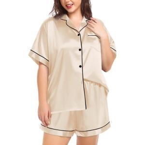 SWOMOG Women’s Plus Size Pajama Set Silk Satin Pajamas Button Down Loungewear Short Sleeve Pjs 2 piece Sleepwear 16-28W(Champagne)