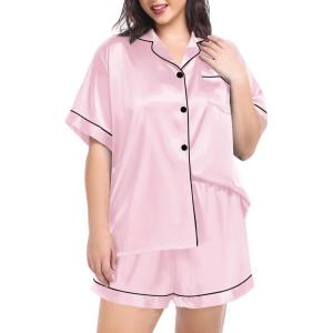 SWOMOG Women’s Plus Size Pajama Set Silk Satin Pajamas Button Down Loungewear Short Sleeve Pjs 2 piece Sleepwear 16-28W(Pink)