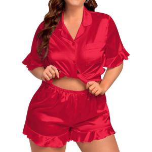 SWOMOG Womens Satin Plus Size Pajamas Silk Short Sleeve Pjs Sets Ruffle Shorts 2 Piece Loose Outfit Sleepwear with Pocket(Deepred)