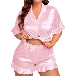 SWOMOG Womens Satin Plus Size Pajamas Silk Short Sleeve Pjs Sets Ruffle Shorts 2 Piece Loose Outfit Sleepwear with Pocket(Pink)