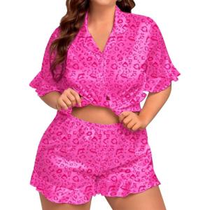 SWOMOG Womens Satin Plus Size Pajamas Silk Short Sleeve Pjs Sets Ruffle Shorts 2 Piece Loose Outfit Sleepwear with Pocket(Pink Leopard)