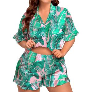 SWOMOG Womens Satin Plus Size Pajamas Silk Short Sleeve Pjs Sets Ruffle Shorts 2 Piece Loose Outfit Sleepwear with Pocket(Pinkleaves)