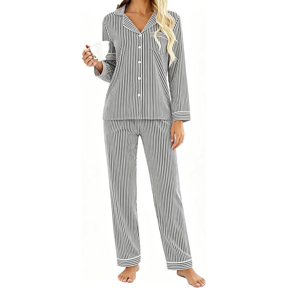 imageSWOMOG Women Gingham Pajama Set 100 Cotton 2 Piece Pjs Set Long Sleeve Plaid Shirts with Shorts Button Down Cute LoungewearBlack Stripe