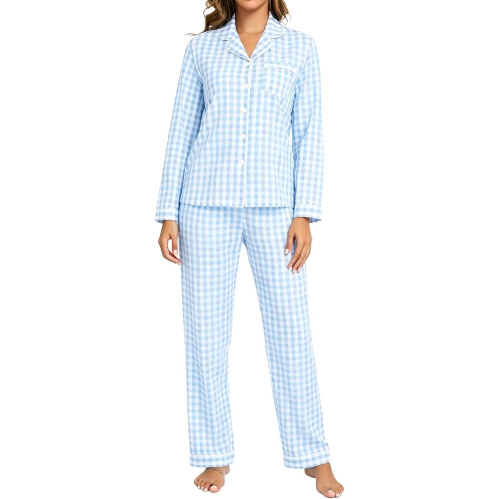 imageSWOMOG Women Gingham Pajama Set 100 Cotton 2 Piece Pjs Set Long Sleeve Plaid Shirts with Shorts Button Down Cute LoungewearBlue Plaid