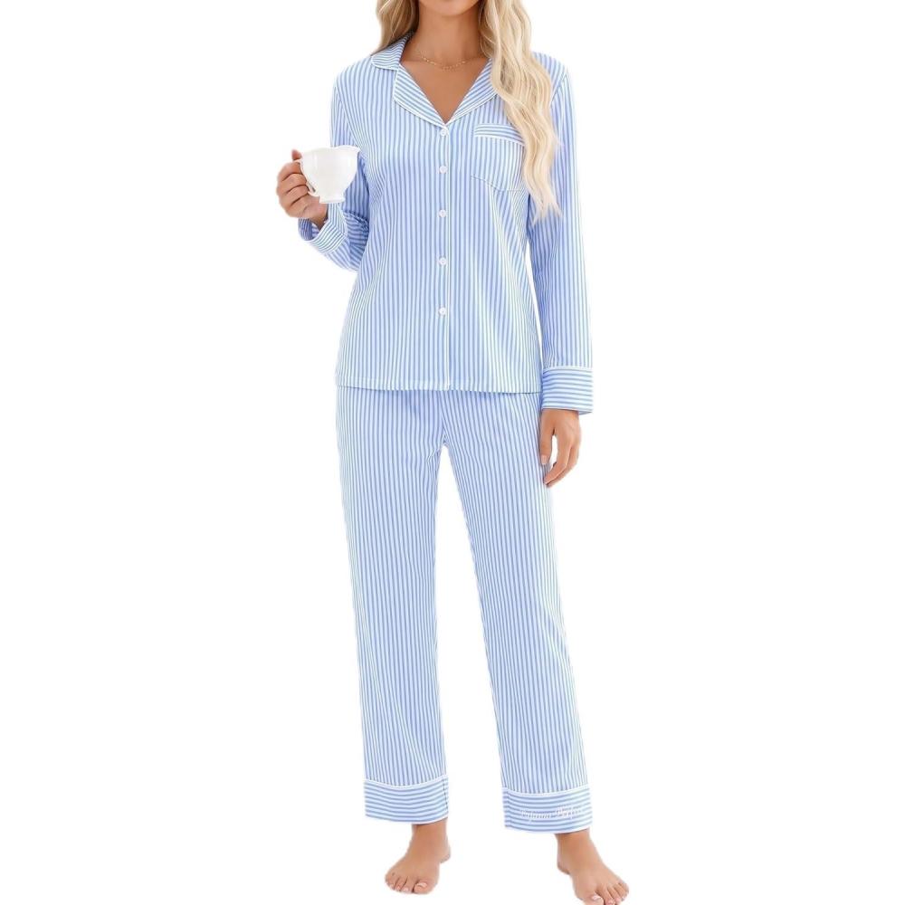 imageSWOMOG Women Gingham Pajama Set 100 Cotton 2 Piece Pjs Set Long Sleeve Plaid Shirts with Shorts Button Down Cute LoungewearBlue Stripe