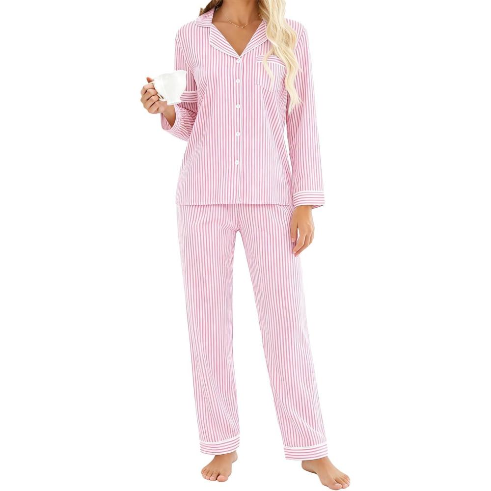 imageSWOMOG Women Gingham Pajama Set 100 Cotton 2 Piece Pjs Set Long Sleeve Plaid Shirts with Shorts Button Down Cute LoungewearPink Stripe