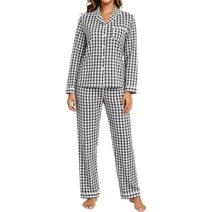 SWOMOG Women Gingham Pajama Set 100% Cotton 2 Piece Pjs Set Long Sleeve Plaid Shirts with Shorts Button Down Cute Loungewear(Black Plaid)