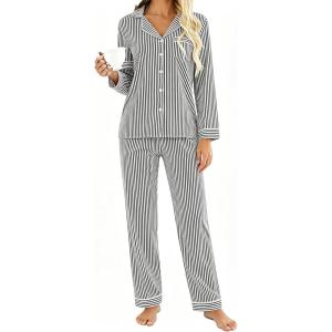 SWOMOG Women Gingham Pajama Set 100% Cotton 2 Piece Pjs Set Long Sleeve Plaid Shirts with Shorts Button Down Cute Loungewear(Black Stripe)