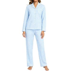 SWOMOG Women Gingham Pajama Set 100% Cotton 2 Piece Pjs Set Long Sleeve Plaid Shirts with Shorts Button Down Cute Loungewear(Blue Plaid)