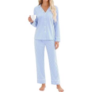 SWOMOG Women Gingham Pajama Set 100% Cotton 2 Piece Pjs Set Long Sleeve Plaid Shirts with Shorts Button Down Cute Loungewear(Blue Stripe)