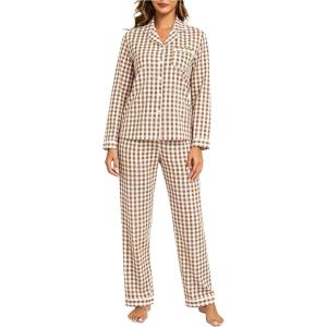 SWOMOG Women Gingham Pajama Set 100% Cotton 2 Piece Pjs Set Long Sleeve Plaid Shirts with Shorts Button Down Cute Loungewear(Brown Plaid)