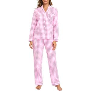 SWOMOG Women Gingham Pajama Set 100% Cotton 2 Piece Pjs Set Long Sleeve Plaid Shirts with Shorts Button Down Cute Loungewear(Pink Plaid)