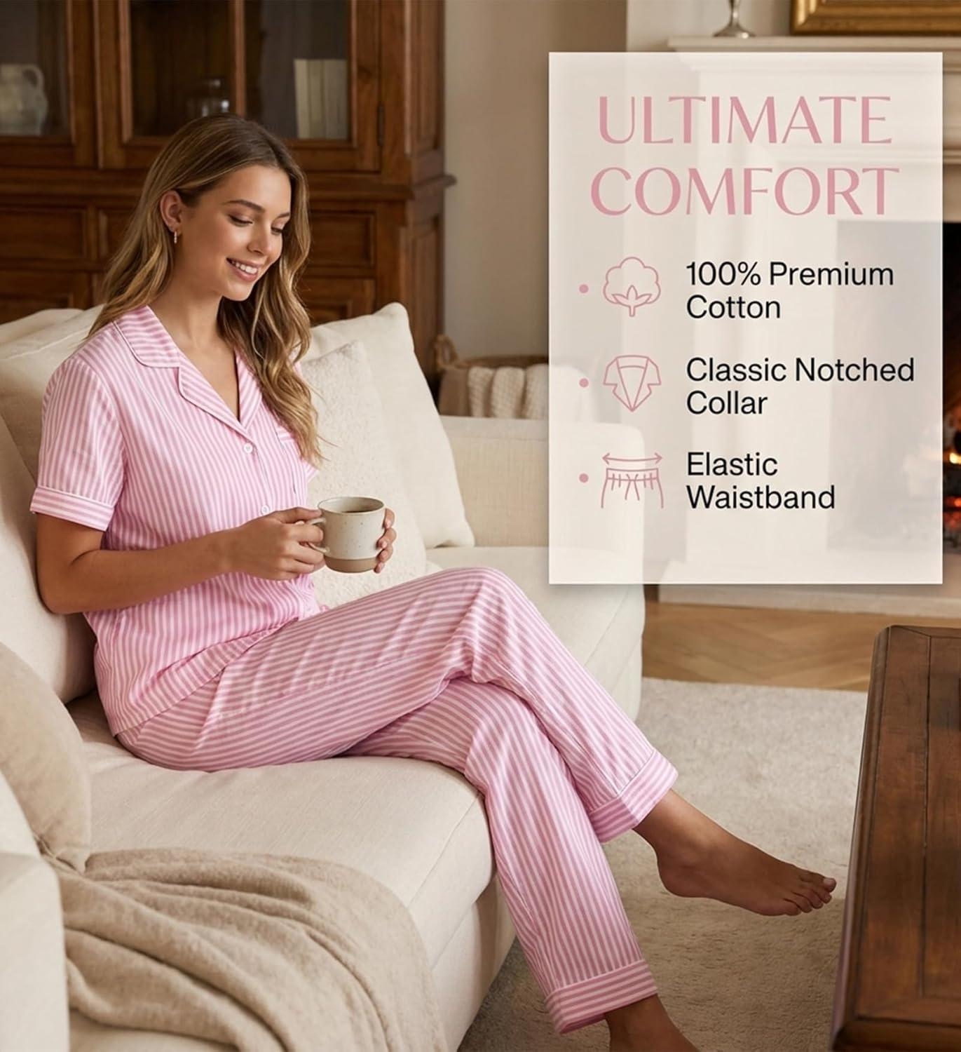 imageSWOMOG 100 Cotton Pajamas for Women Set 2PCS ButtonDown Lounge Pjs Short Sleeve Tops and LongPants with PocketPink Stripes