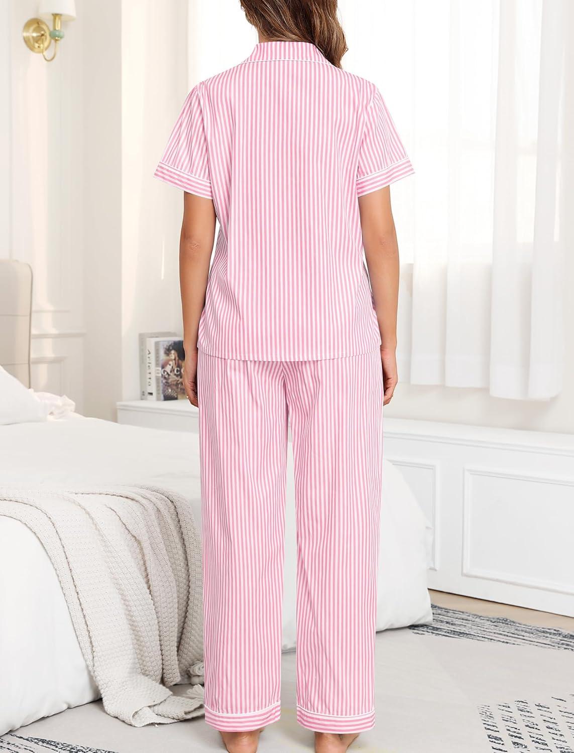 imageSWOMOG 100 Cotton Pajamas for Women Set 2PCS ButtonDown Lounge Pjs Short Sleeve Tops and LongPants with PocketPink Stripes