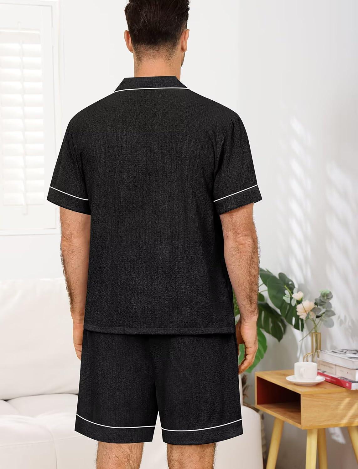 imageSWOMOG Men Pajama Set Short Sleeve Summer Pjs Button Down Sleepwear Soft Pajama Shorts 2 Piece Loungewear with PocketsBlack