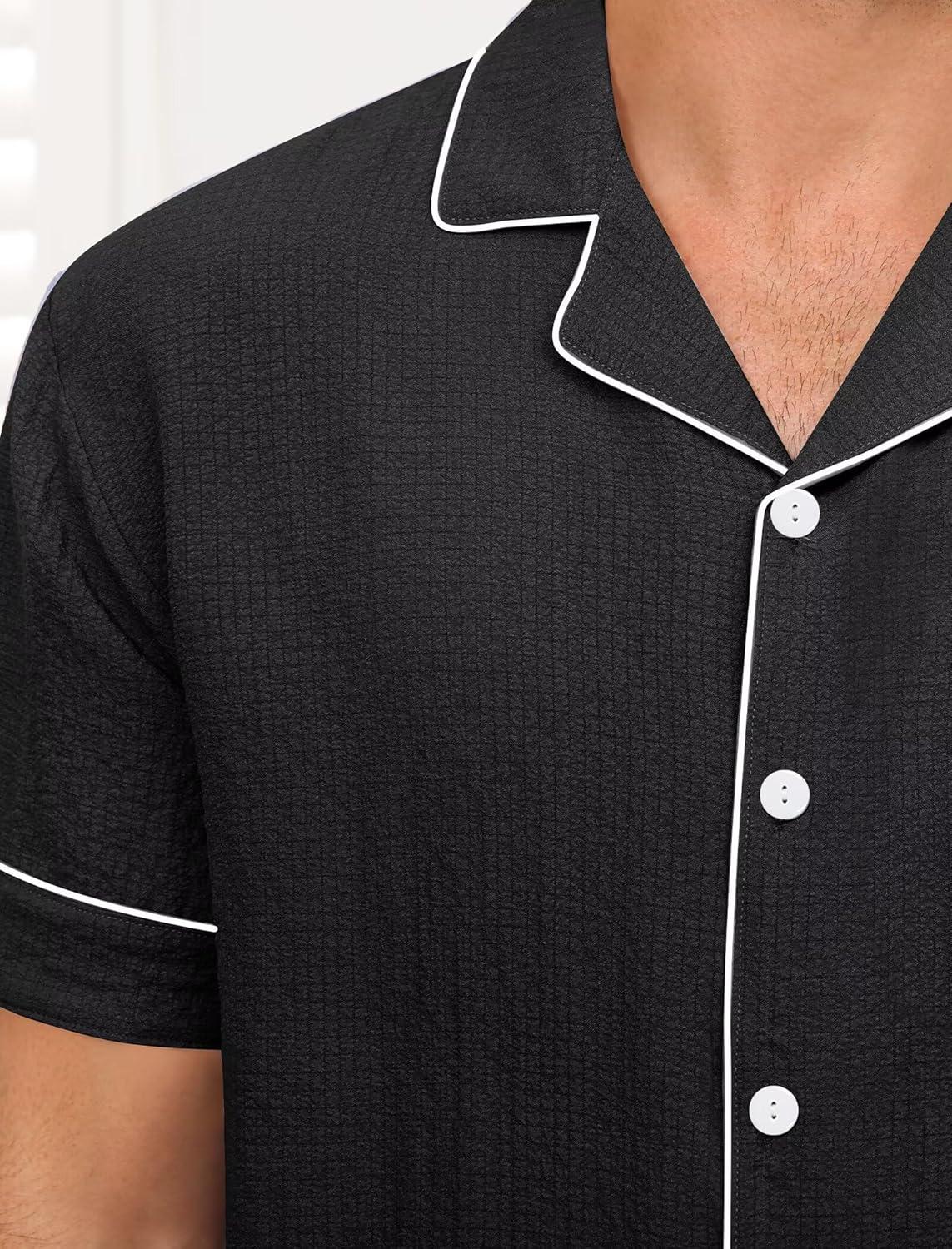 imageSWOMOG Men Pajama Set Short Sleeve Summer Pjs Button Down Sleepwear Soft Pajama Shorts 2 Piece Loungewear with PocketsBlack