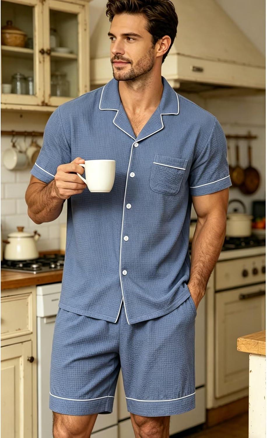 imageSWOMOG Men Pajama Set Short Sleeve Summer Pjs Button Down Sleepwear Soft Pajama Shorts 2 Piece Loungewear with PocketsBlue