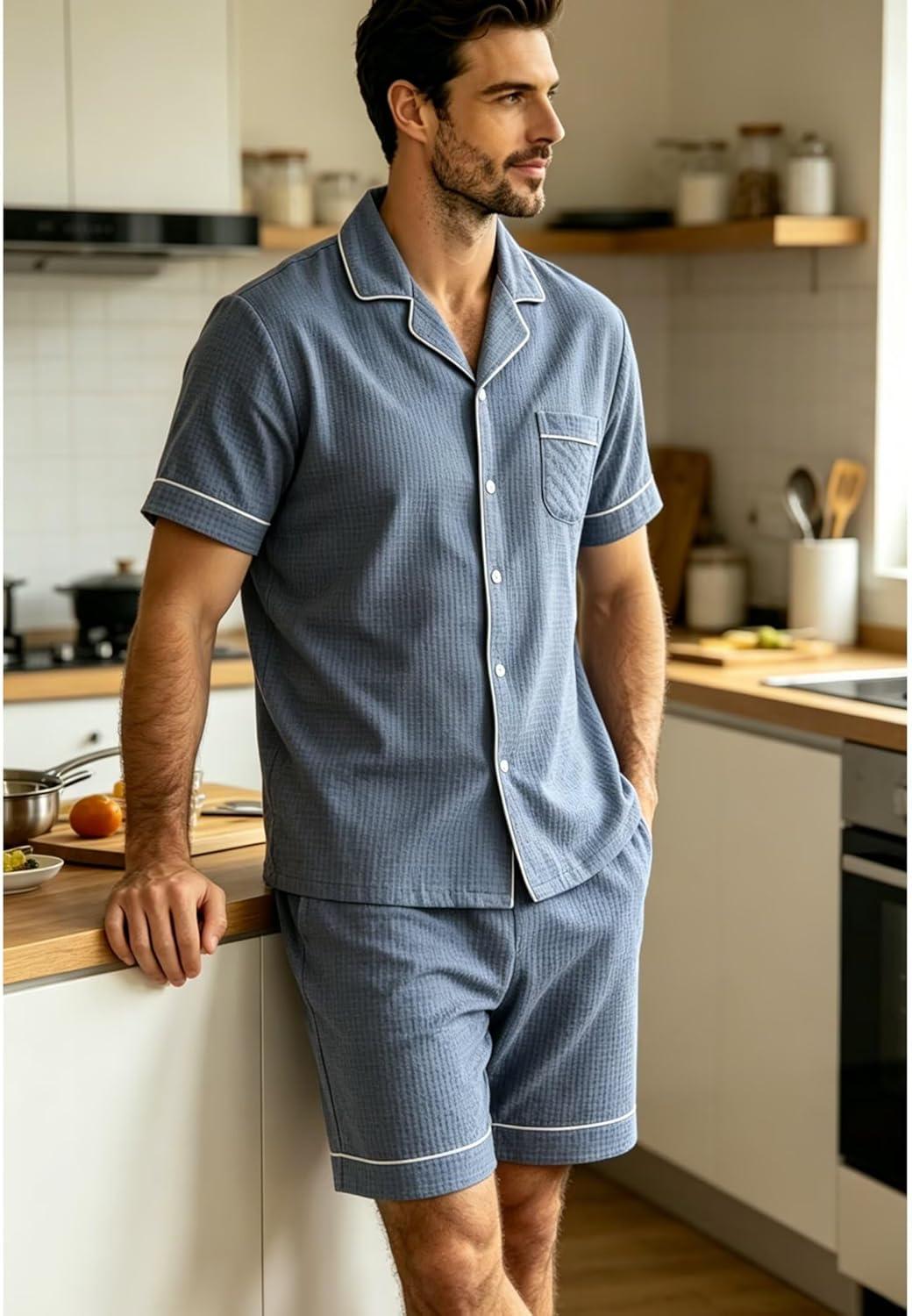 imageSWOMOG Men Pajama Set Short Sleeve Summer Pjs Button Down Sleepwear Soft Pajama Shorts 2 Piece Loungewear with PocketsBlue