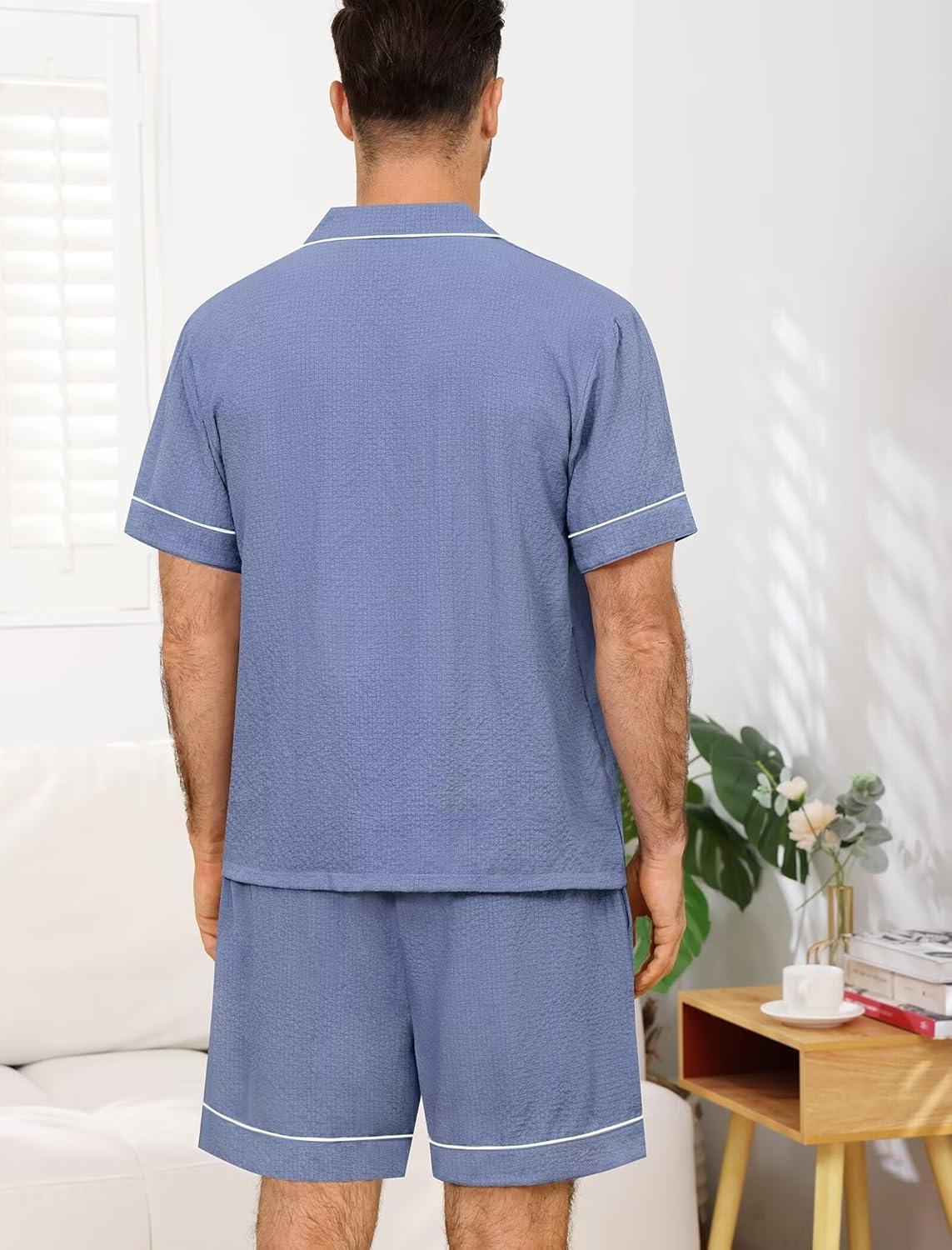 imageSWOMOG Men Pajama Set Short Sleeve Summer Pjs Button Down Sleepwear Soft Pajama Shorts 2 Piece Loungewear with PocketsBlue
