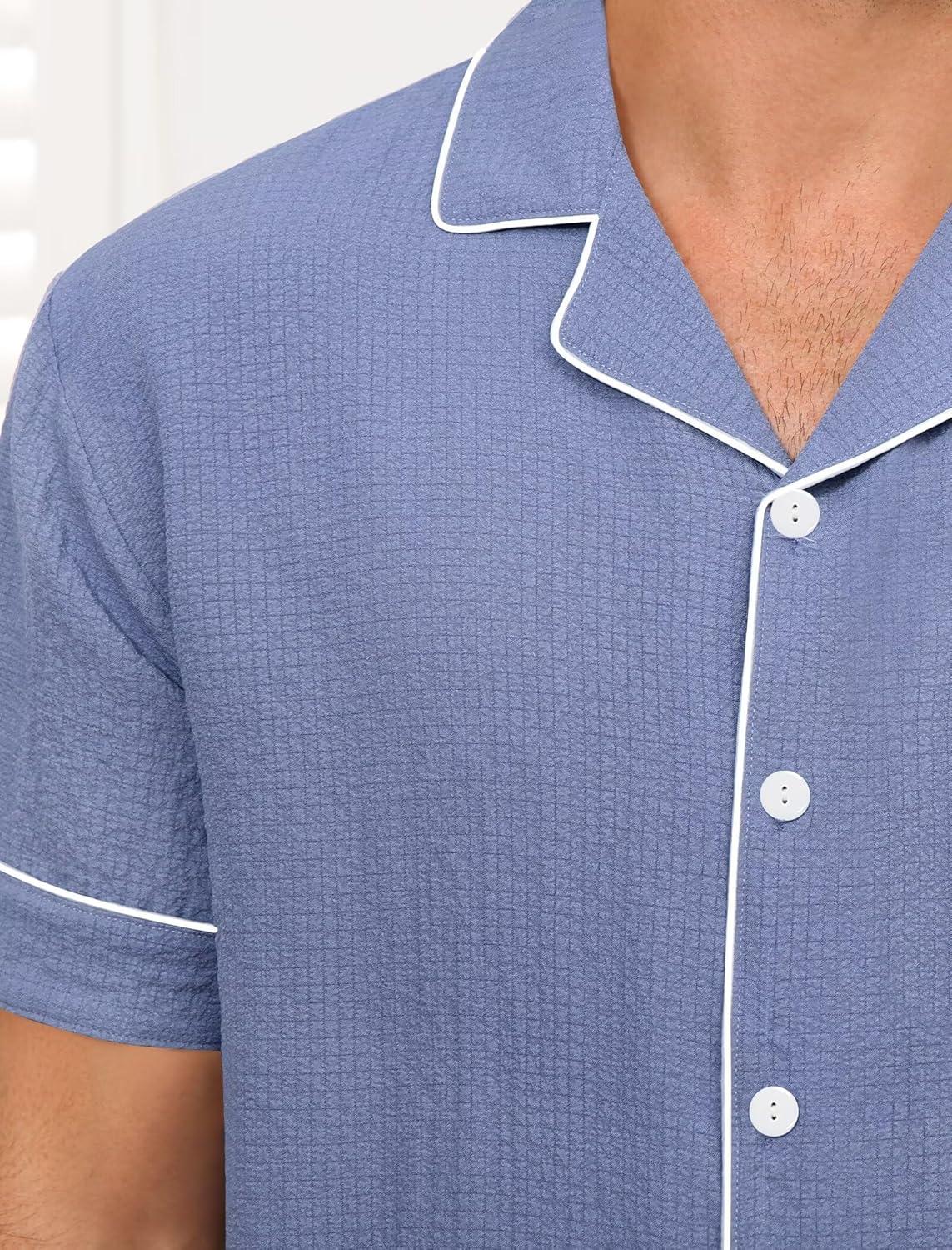 imageSWOMOG Men Pajama Set Short Sleeve Summer Pjs Button Down Sleepwear Soft Pajama Shorts 2 Piece Loungewear with PocketsBlue