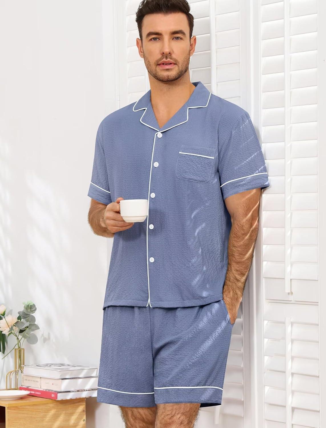 imageSWOMOG Men Pajama Set Short Sleeve Summer Pjs Button Down Sleepwear Soft Pajama Shorts 2 Piece Loungewear with PocketsBlue