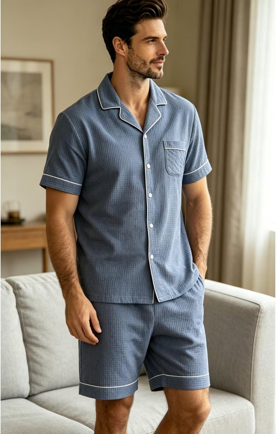 imageSWOMOG Men Pajama Set Short Sleeve Summer Pjs Button Down Sleepwear Soft Pajama Shorts 2 Piece Loungewear with PocketsBlue