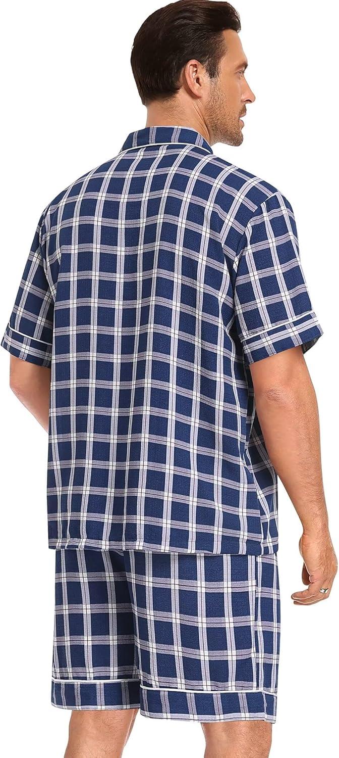 imageSWOMOG Men Pajama Set Short Sleeve Summer Pjs Button Down Sleepwear Soft Pajama Shorts 2 Piece Loungewear with PocketsBlue White Plaid