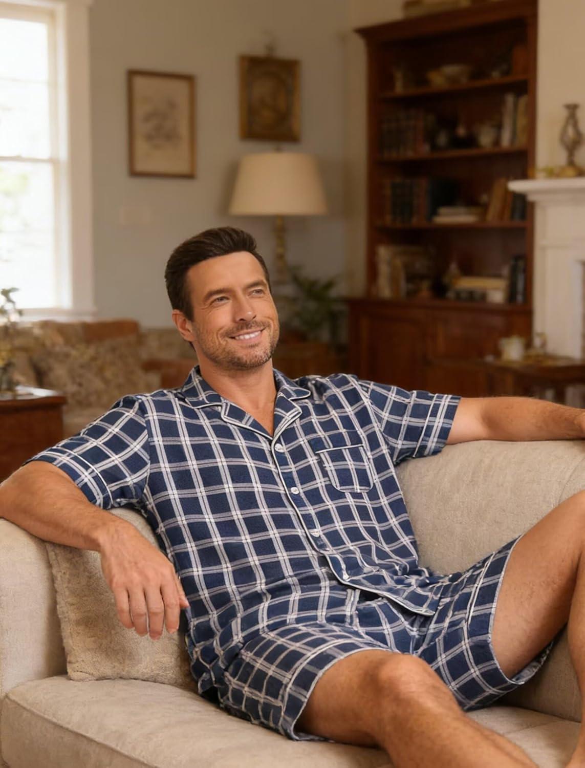 imageSWOMOG Men Pajama Set Short Sleeve Summer Pjs Button Down Sleepwear Soft Pajama Shorts 2 Piece Loungewear with PocketsBlue White Plaid