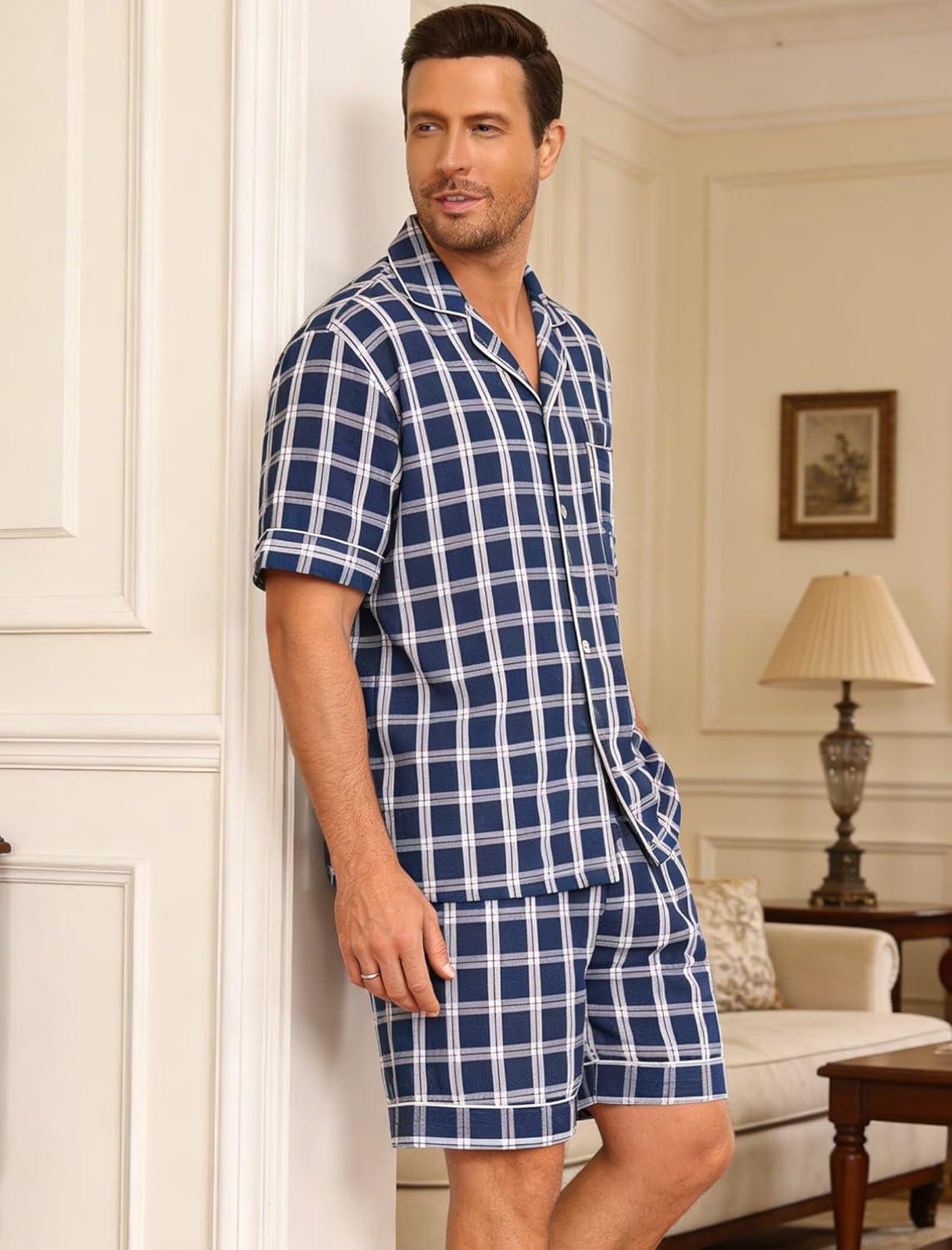 imageSWOMOG Men Pajama Set Short Sleeve Summer Pjs Button Down Sleepwear Soft Pajama Shorts 2 Piece Loungewear with PocketsBlue White Plaid
