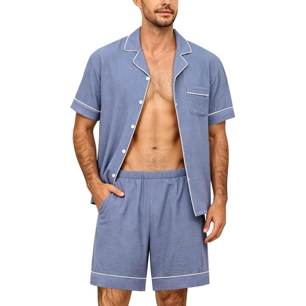 imageSWOMOG Men Pajama Set Short Sleeve Summer Pjs Button Down Sleepwear Soft Pajama Shorts 2 Piece Loungewear with PocketsBlue