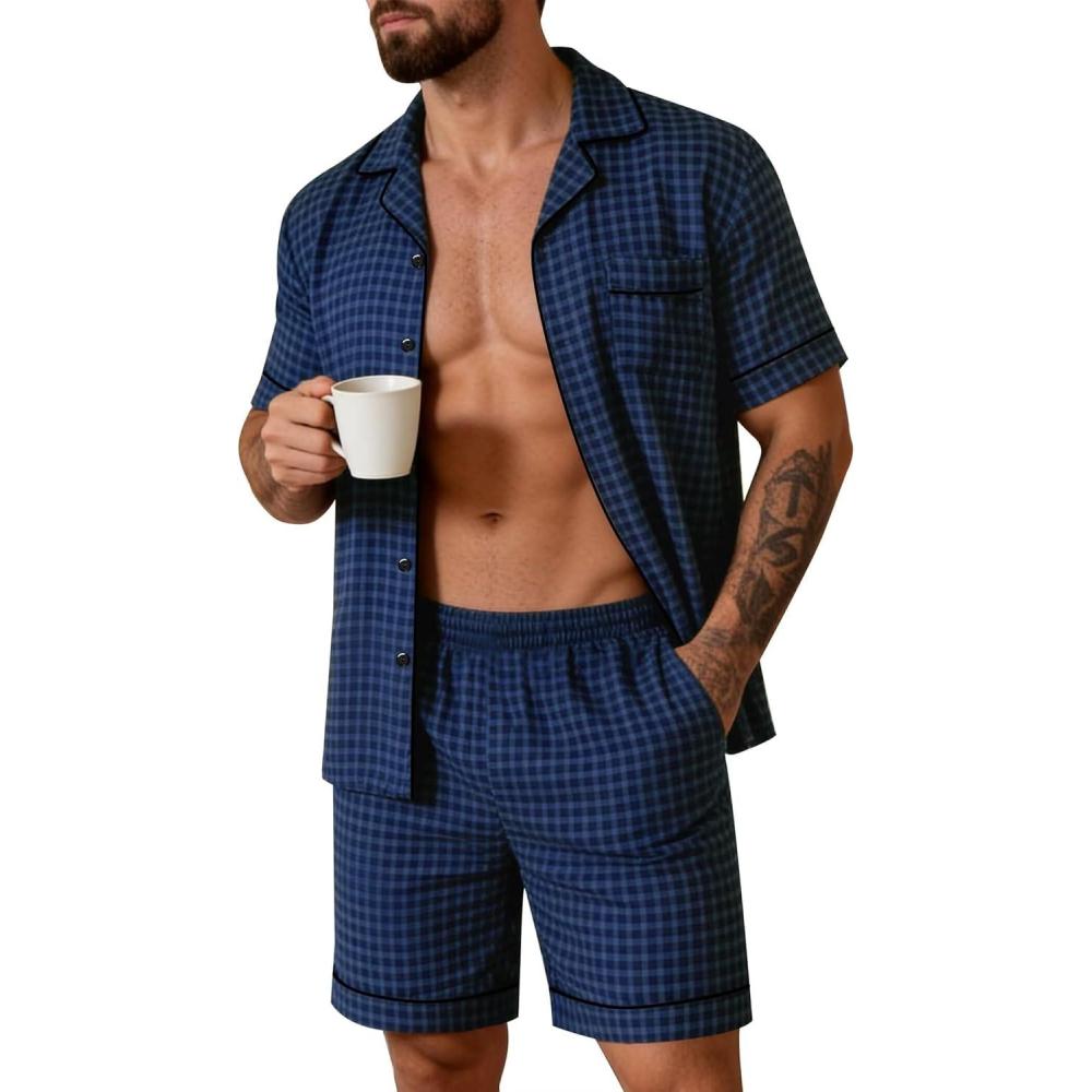 imageSWOMOG Men Pajama Set Short Sleeve Summer Pjs Button Down Sleepwear Soft Pajama Shorts 2 Piece Loungewear with PocketsBlue Black Plaid