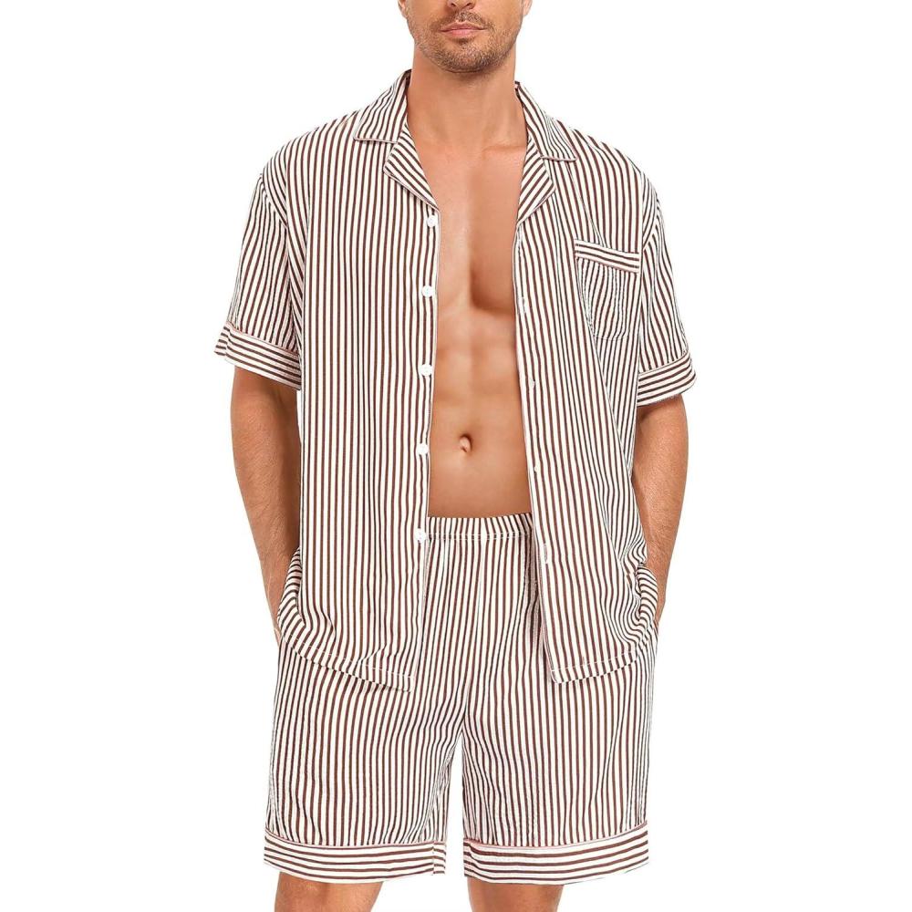 imageSWOMOG Men Pajama Set Short Sleeve Summer Pjs Button Down Sleepwear Soft Pajama Shorts 2 Piece Loungewear with PocketsBrown White Stripes