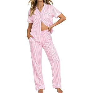 SWOMOG 100% Cotton Pajamas for Women Set 2PCS Button-Down Lounge Pjs Short Sleeve Tops and Long-Pants with Pocket(Pink Stripes)