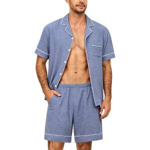 SWOMOG Men Pajama Set Short Sleeve Summer Pjs Button Down Sleepwear Soft Pajama Shorts 2 Piece Loungewear with Pockets(Blue)