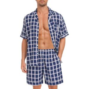 SWOMOG Men Pajama Set Short Sleeve Summer Pjs Button Down Sleepwear Soft Pajama Shorts 2 Piece Loungewear with Pockets(Blue White Plaid)