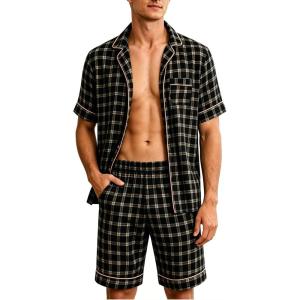 SWOMOG Men Pajama Set Short Sleeve Summer Pjs Button Down Sleepwear Soft Pajama Shorts 2 Piece Loungewear with Pockets(Brown Plaid)