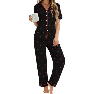 SWOMOG Womens 2 Piece Pajamas Sets Shorts Sleeve Pajamas Cute Pj Set Lounge Matching Pjs Button Shirt with Long Pants(Cherry Black)