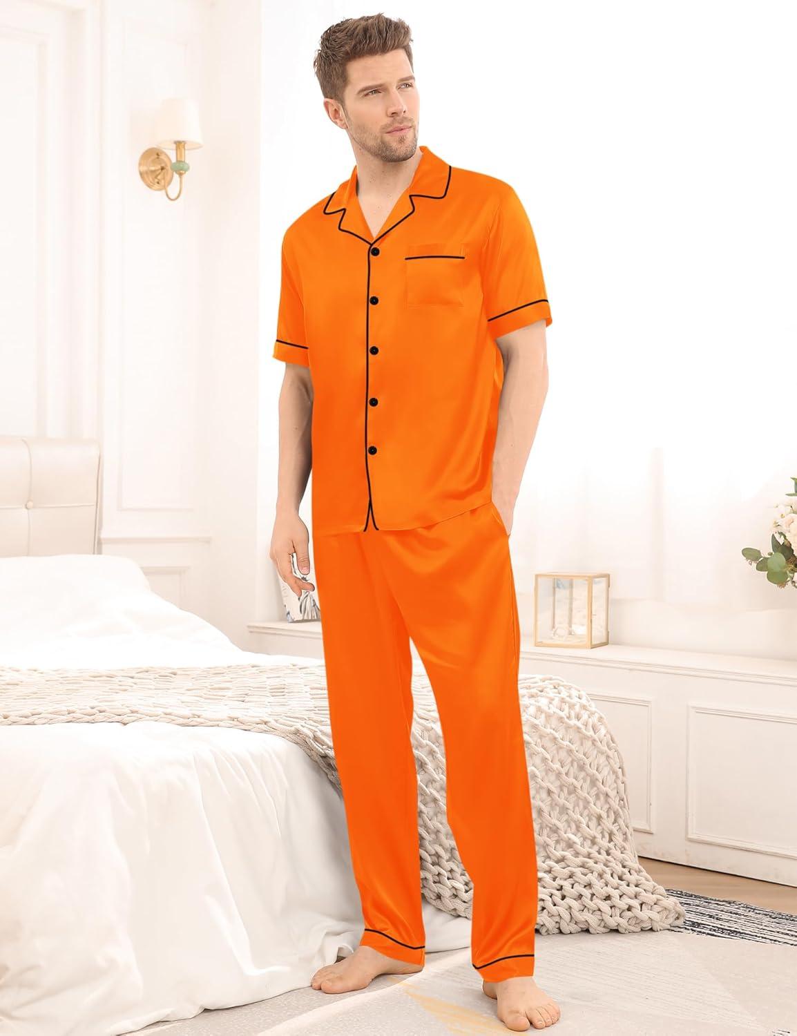 imageSWOMOG Mens Satin Pajama Set Short Sleeve Classic Sleepwear Button Down Silky Loungewear with Long PantsOrange