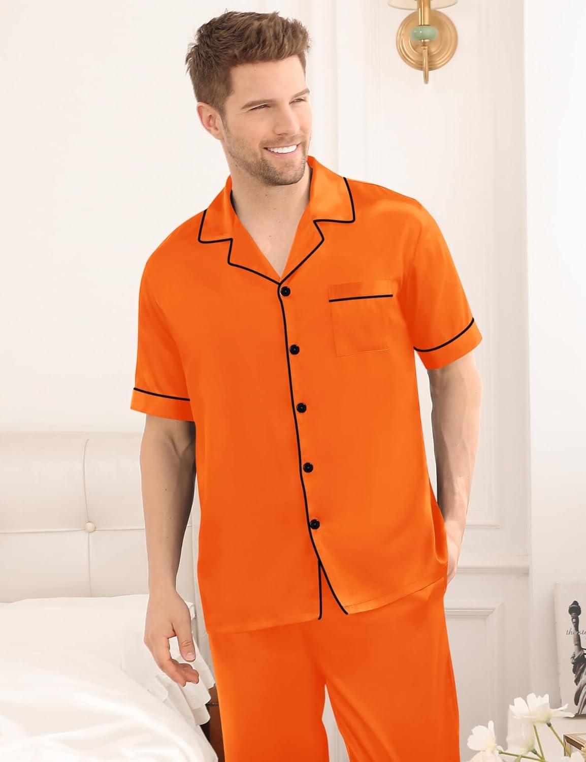imageSWOMOG Mens Satin Pajama Set Short Sleeve Classic Sleepwear Button Down Silky Loungewear with Long PantsOrange